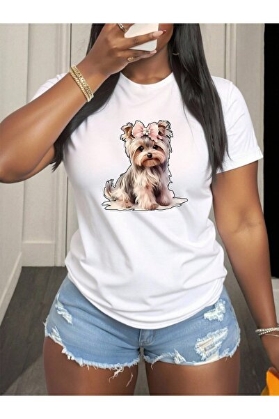 Astogria13 تي شيرت نسائي قطني كاجوال برقبة دائرية مع طباعة كلب يوركي لطيف، قم...