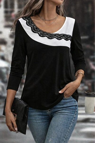Beruflic Women's Long Sleeve Round Neck Double Color Lace Detailed Viscose Bl...