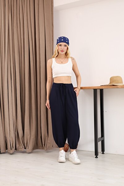 sahraozluk Modal Fabric Elastic Waist Shalwar Trousers Navy Blue Color
