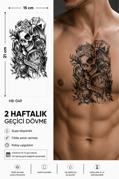 medink tattoo Gerçekci Geçici Kurukafa Saat Gül Desenli Dövme geçici Etiket K...