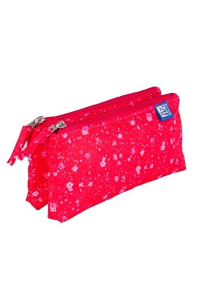 Oxford Penar 2 Zip Floral, tip etui dublu, 2 fermoare, culoare roz inchis