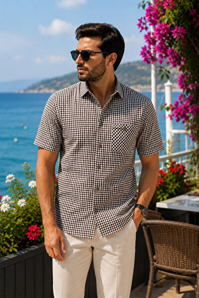 Beyome Men's Checkered Short Sleeve Shirt 100% Cotton Comfortable Fit Summer ...