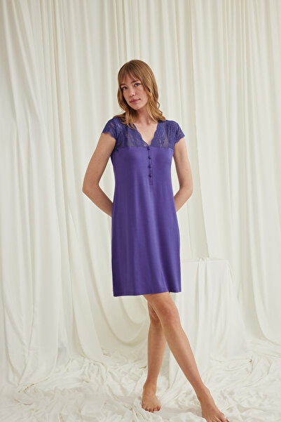 MONAMİSE Purple Lace Button Nightgown, Women's Short-Sleeved Viscose Robe Paj...