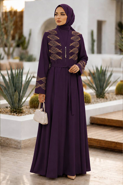 Neva Style Purple Hijab Ferace with Leaf Embroidery Detail and Belt 29145Mor