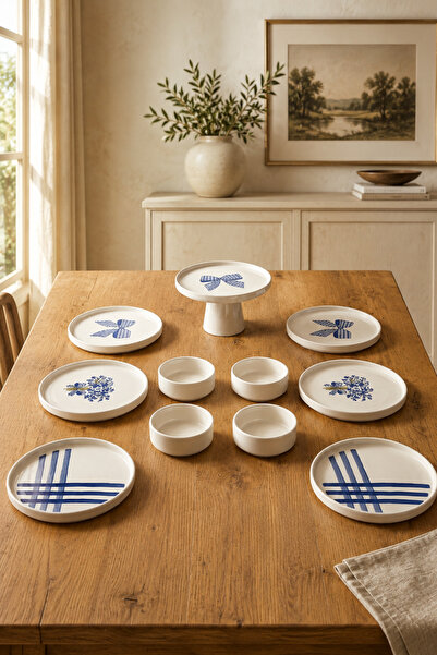 Papart Home Blue Gift 6 Kişilik 11 Parça Handmade Seramik Kahvaltı Takımı Mav...