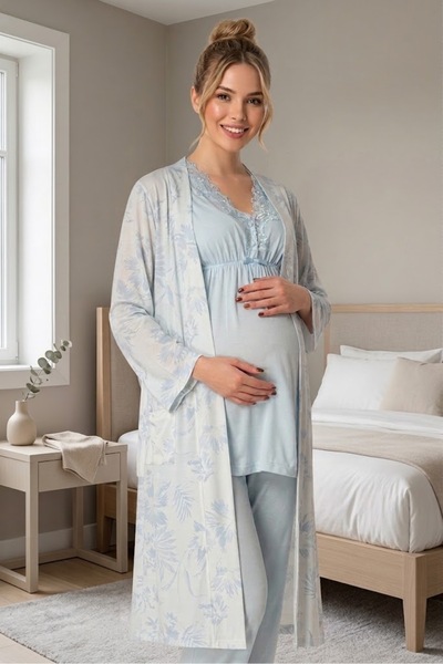 Lohusa Dünyasi Women's Blue Lace Patterned New Season 3-Piece Maternity Pajam...