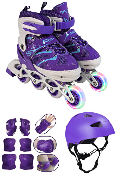 Purple Number Adjustable Lighted Training Skate (2+2 or 2+1+1) and Helmet Knee Brace Set with Carrying Case