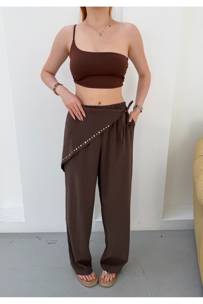 NEW JOURNAL Women's Brown Staple Detailed Double-Breasted Belted Modal Trouse...