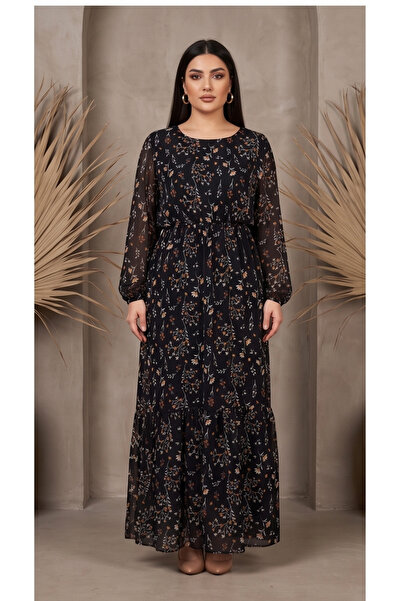 gökçesu Women's Plus Size Long Sleeve Lined Flowy Flounce Maxi Long Chiffon D...