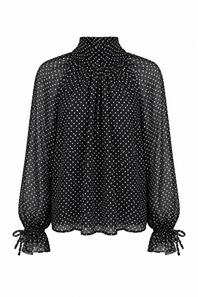 HAZELANNA Polka Dot Black Blouse with Bow