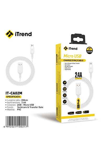itrend Cablu USB-A la Micro USB iTrend, 2 m, Încărcare Rapidă 2.4A, PVC, Alb