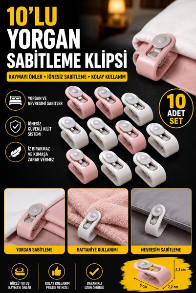 Hane Dostu Mandallı Yorgan Sabitleme Klipsi 10 Adet Nevresim Battaniye Kaydır...