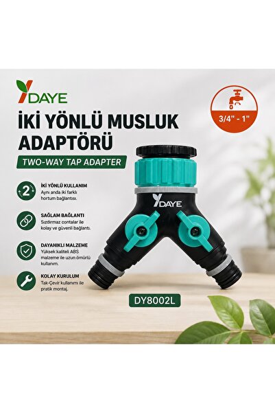 Daye DY8002L İki Yönlü Musluk Adaptörü 3/4" - 1" Çift Çıkışlı Bahçe Hortum Mu...