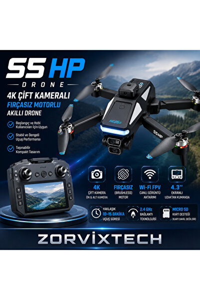 ZorvixTech S5 HP Drone 4K Çift Kameralı Fırçasız Motorlu Katlanabilir Akıllı ...