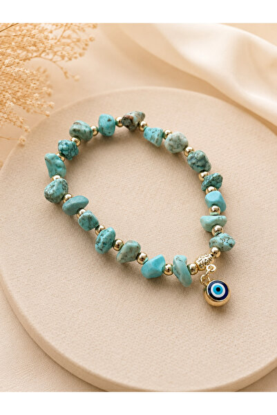 Azrua Natural Stone Turquoise Green Toned Cracked Stone Beaded Gold Color Det...
