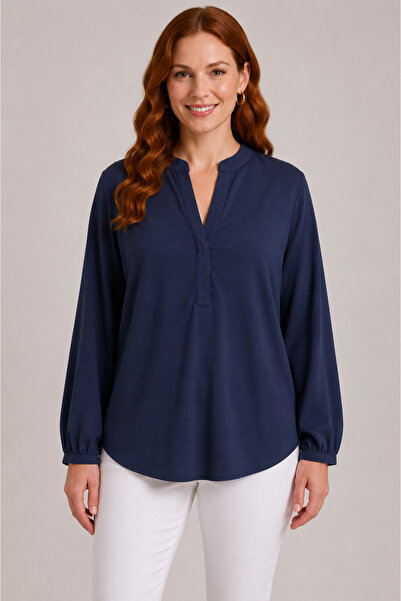 Neden Tekstil Navy Blue V-Neck Long Sleeve Women's Blouse