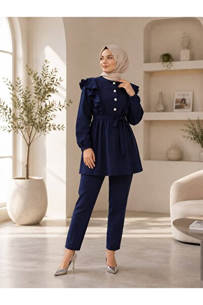 önerS Ruffle Detailed Buttoned Hijab Top-Bottom Two-Piece Set