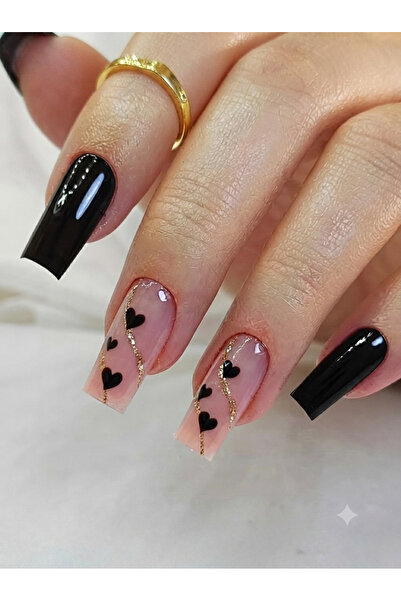 Shades On Nails Handmade Press-On Nails Set - Glossy Onyx Black & Nude with G...
