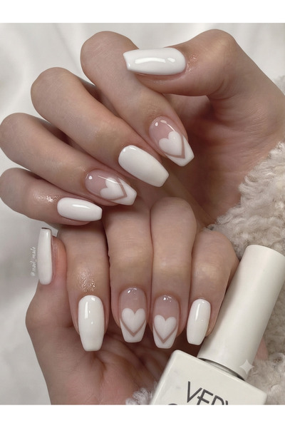 Shades On Nails Handmade Press-On Nails Set - Clean Crisp White & Nude with M...