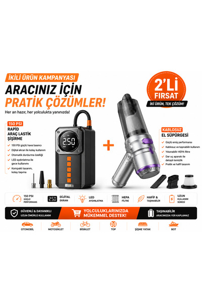4’ü 1 Arada Araç Acil Durum ve Temizlik Seti | 150 PSI Dijital Hava Kompresörü, Akü Takviye (Jump Starter), Powerbank, LED Fener ve HL-121 Kablosuz El Süpürgesi