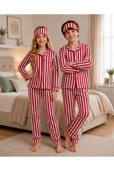Enie Girls and Boys Red Cotton Striped Long Sleeve Pajama Set + Eye Patch