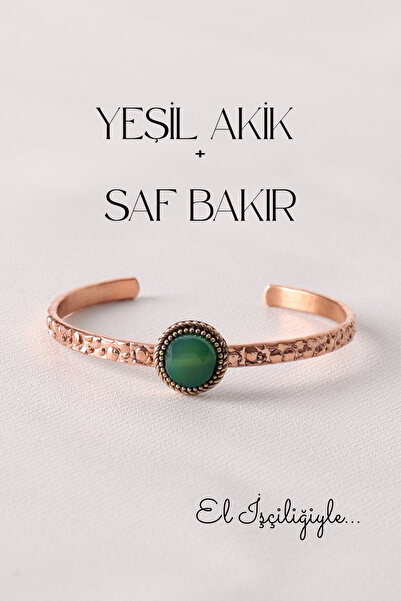 Store Yeşil Akik Taşlı Doğal Taş Saf Bakır El İşçiliği Bilezik