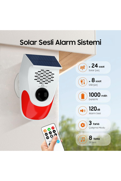 gaman Güneş Enerjili Sesli Işıklı Alarm - Uzaktan Kumandalı, 120 dB sirenli, ...