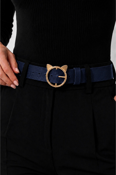 kemer krallığı Women's Dark Navy Blue Gold Cat Buckle Belt