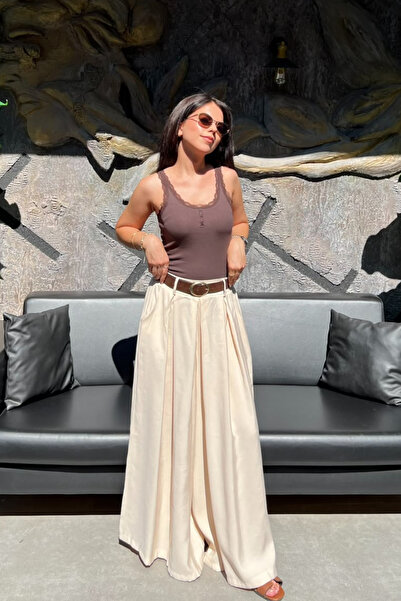 sunfyre Women's Tansel Elastic Waist Self-Belted Wide Leg Skirt Trousers Sun416