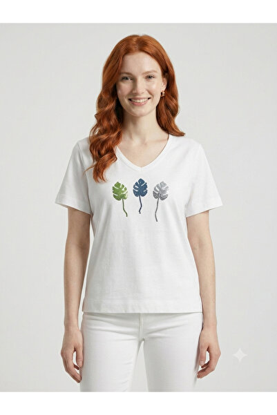 Neden Tekstil Women's White V-Neck Cotton T-Shirt with Leaf Detail