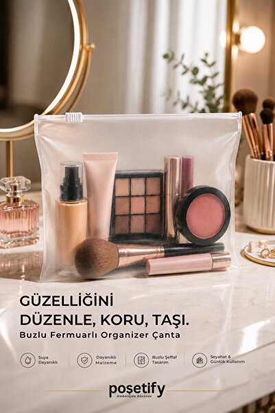 POŞETİFY Fermuarlı Organizer 22,5x15 Cm | 1 Adet | Buzlu Şeffaf Seyahat, Kozm...