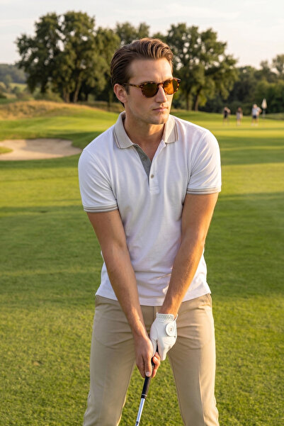 Exve Exclusive White Beige Collar Detailed Non-Fraying Collar Summer Polo T-S...