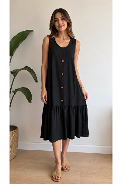 GOOD NİGHT Sleeveless Combed Cotton Dress with Decorative Buttons