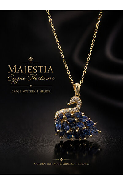 Majestia Cygne Nocturne Navy Blue Stone Swan Figured Steel Necklace – Gold Co...