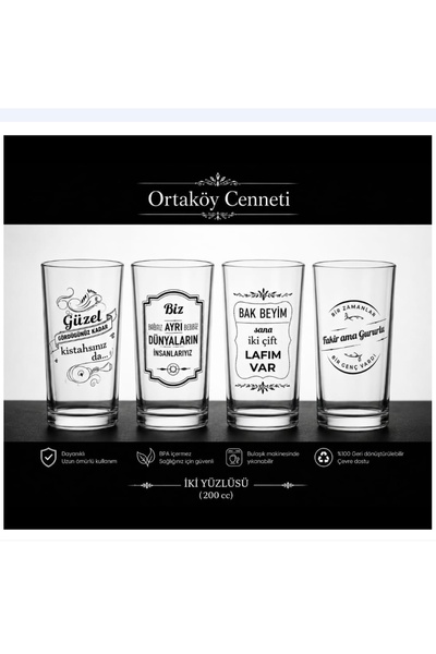 ORTAKÖYCENNETİ Muhabbet İyi Dilek Rakı Bardağı 200 Cc 4'lü Set orjınal baskı ...
