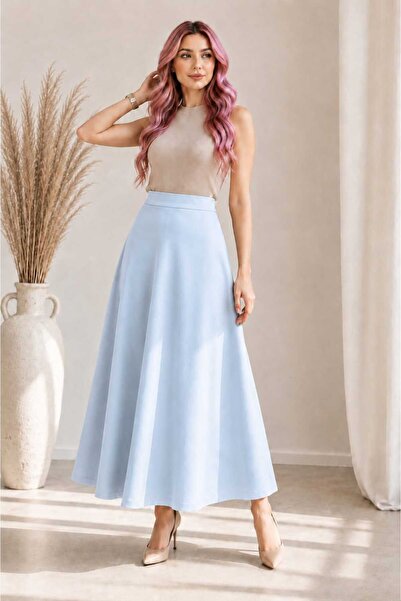 CATSPY Women's Baby Blue Knitted Scuba Crepe Casual Skirt Length:94-95Cm