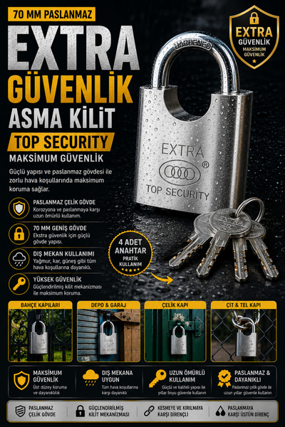 AlGeliyo Paslanmaz Asma Kilit 70 MM 4 Anahtarlı Çelik Güvenlik Kilidi Dış Mek...