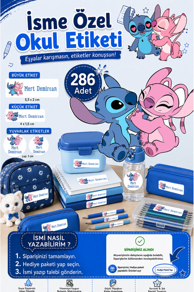 Sim Tasarım Stitch Okul Etiketi Kalem Defter Etiketi Özel İsim Yazılabilen Et...