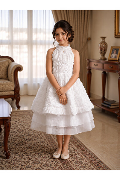 Al Farasha Luxury Girls White Party Dress with 3D Rose Design & Three-Layer D...