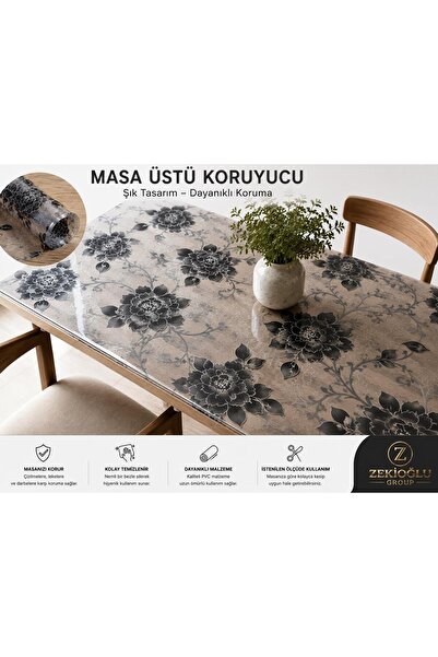Muhtelif 80 cm X 110 cm Table Top Protector Transparent Black Flower Patterne...
