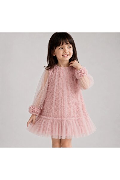 SweetMe Girl's 3D Rose Detailed Tulle Sleeve Evening Dress – Special Occasion...