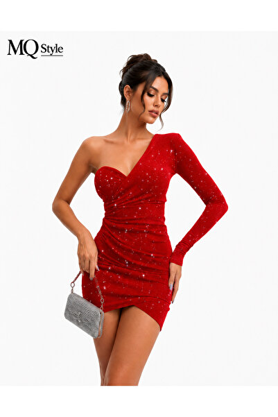 MQ Luxurious One-Sleeve Mini Evening Dress - Glittering Rhinestone Embellishe...