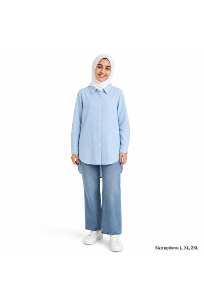 Generic Girls' Light Blue Classic Collar Long-Sleeved Loose Shirt