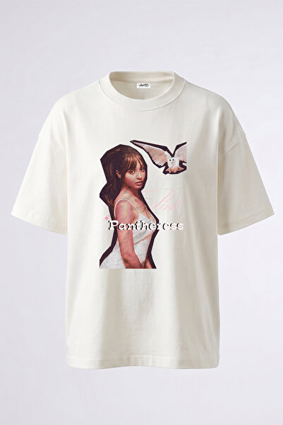 Anetos Pink Pantheress_3 Design Printed Oversize White T-Shirt