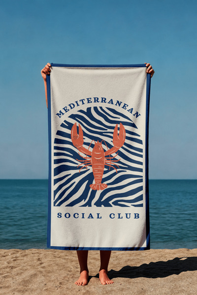 Luvis Store Mediterranean Social Club Printed Beach Towel with Lobster Pattern