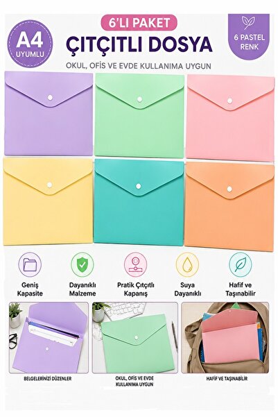 Artlantis Çıtçıtlı Dosya 6 Renk Pastel A4 1 Paket Dosy Plastik Renkli Zarf Do...