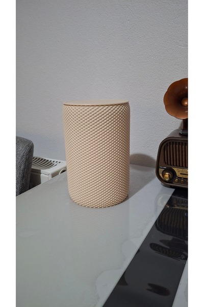 NESLİDEKOR Modern Geometrik Dokulu Döner Kapaklı Masaüstü Çöp Kutusu- 18 cm BEJ