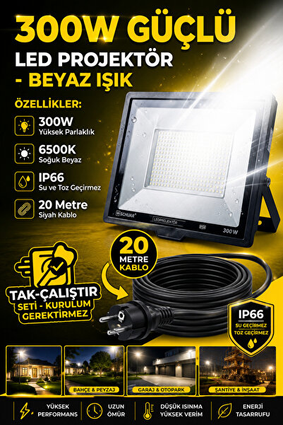 SCHUAR 20 Metre Kablolu 300 Watt Seyyar Led Projektör Aydınlatma. Seyyar Aydı...