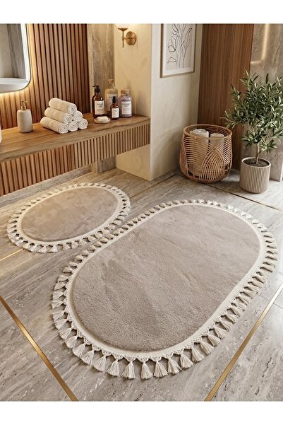 DECORA CASA HOME COLLECTİON Luxury Set of 2 Oval Bath Mats 60X110/ 60X50 Non-...