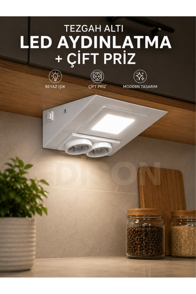 Edison Tezgah Altı LED Aydınlatma Çift Prizli Beyaz Metal Kasa Mutfak Dolap A...